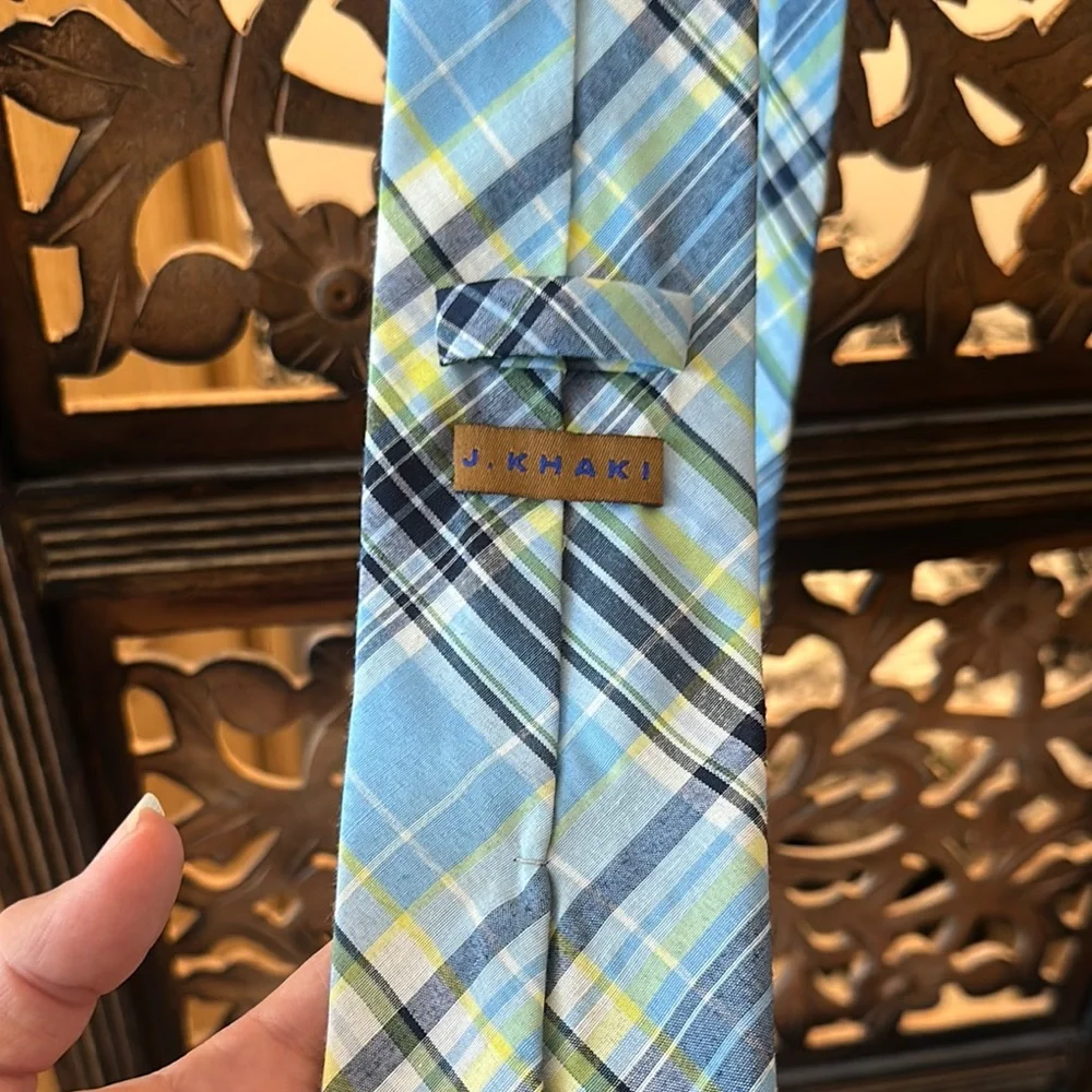 J. Khaki Blue / Yellow / White Plaid Necktie / Tie.